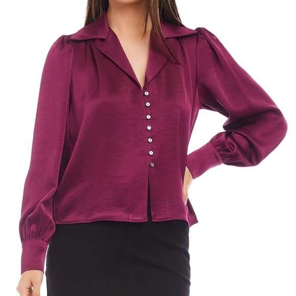 168$ Karen Kane Button Front Shirred Blouse Top Long Sleeves Women's Size M Wine - Picture 1 of 1